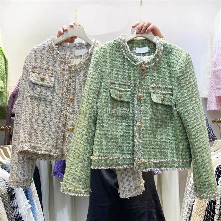 Wholesale  Autumn Small Fragrant Coat Celebrity Style Pocket Tweed Splicing Short Woolen Top casual coat for women