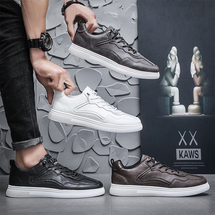 Men's Board Shoes Soft Leather Other Trendy Casual Shoes Lace-up Sneakers Low Top Head of Cowhide for Men PVC Honeycomb Kuang Qi