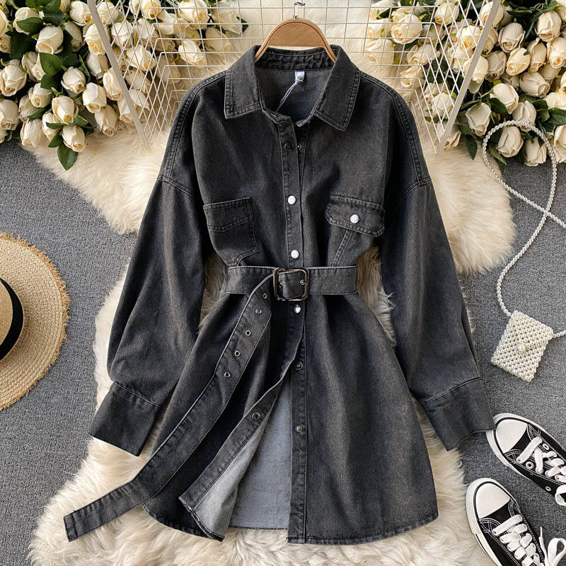 Wholesale Denim Shirt Women's Spring And Autumn 2023 New Belt Wear Long Sleeve Loose Inside Wear Medium Long Coat