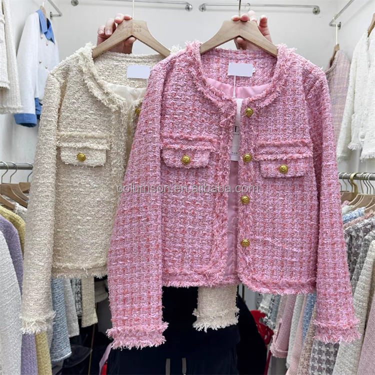 Wholesale  Autumn Small Fragrant Coat Celebrity Style Pocket Tweed Splicing Short Woolen Top casual coat for women