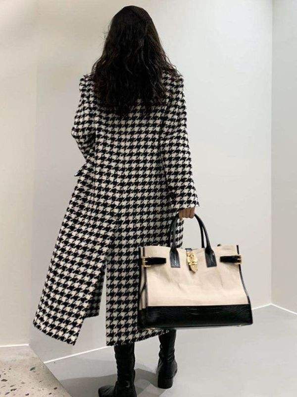 Quality 2023 Winter S-2XL Overcoat Women's White and Black Long Houndstooth Coat Jacket