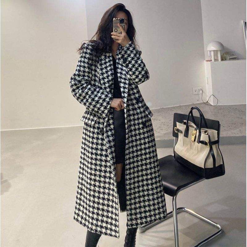Quality 2023 Winter S-2XL Overcoat Women's White and Black Long Houndstooth Coat Jacket