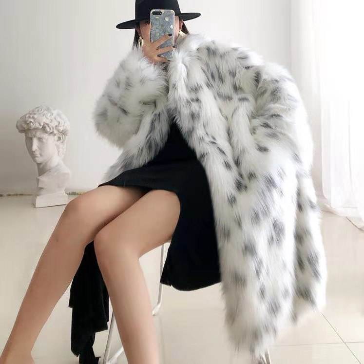 Wholesale Winter Black Spotted White Faux Fox Fur Overcoat Women's Teddy Coat